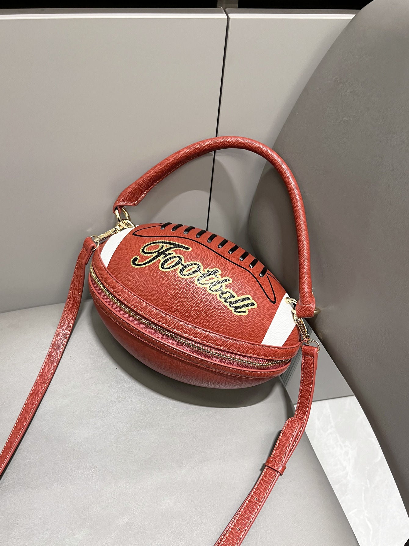 Fun Shape Purse for Women Football Shaped Crossbody Shoulder Bag Novelty Handbags Rugby Clutch PU Leather
