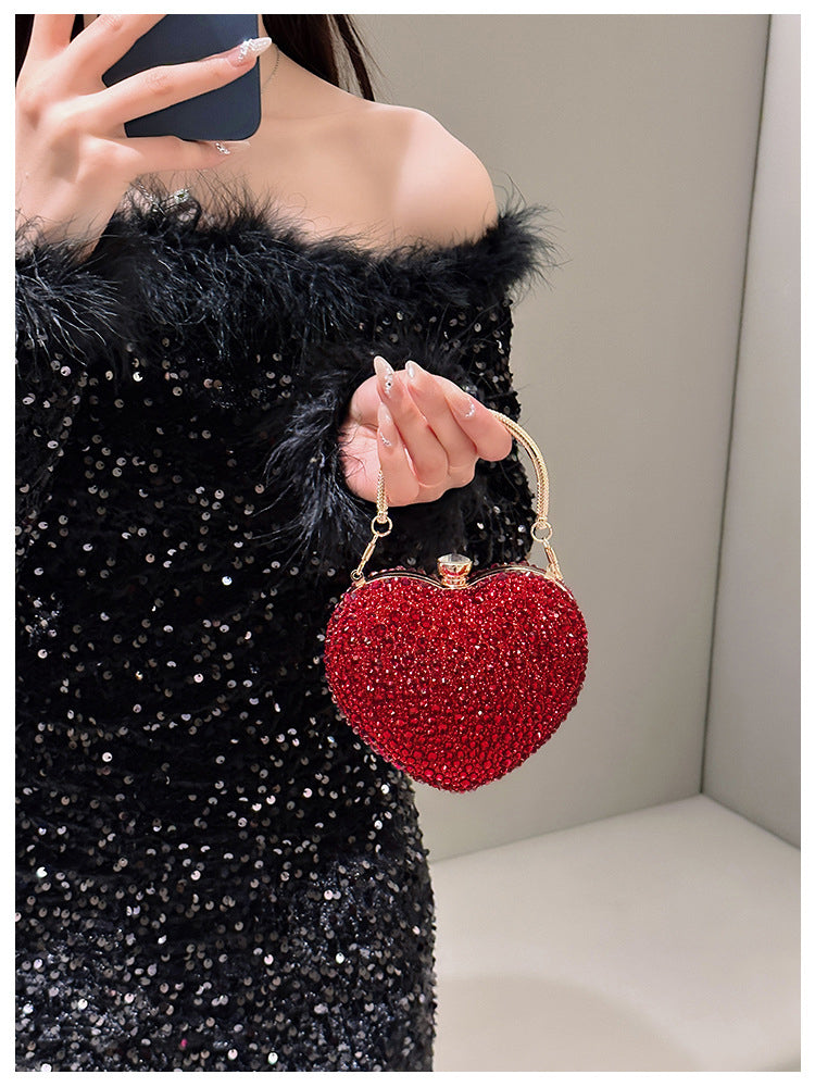 Women Heart Shaped Handbag Sparkly Clutch Mini Chain Purse Rhinestones Wedding Party Purse Handbag