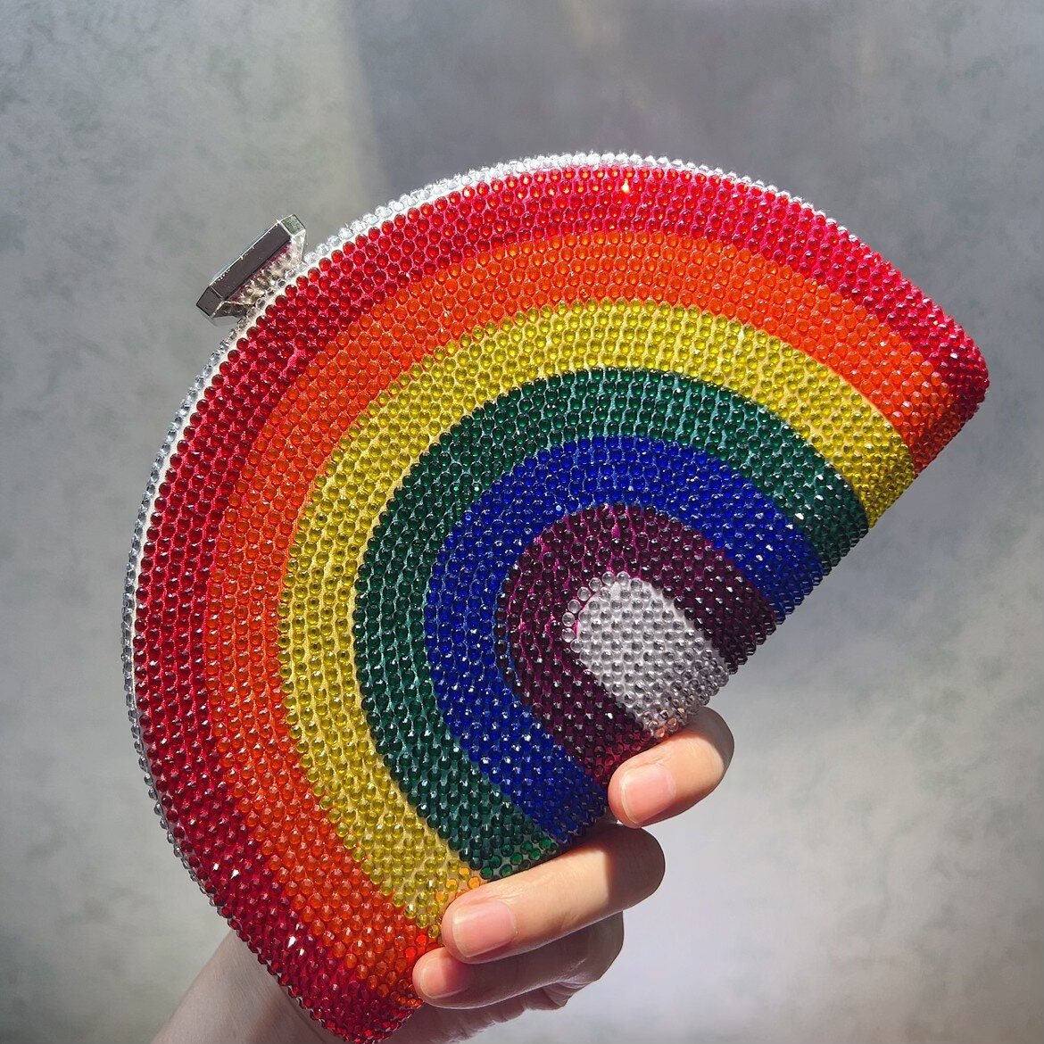 Bling Rhinestone Purse Bags Colorful Rainbow Dumpling Clutch Semicircle Acrylic Evening Bag for Women