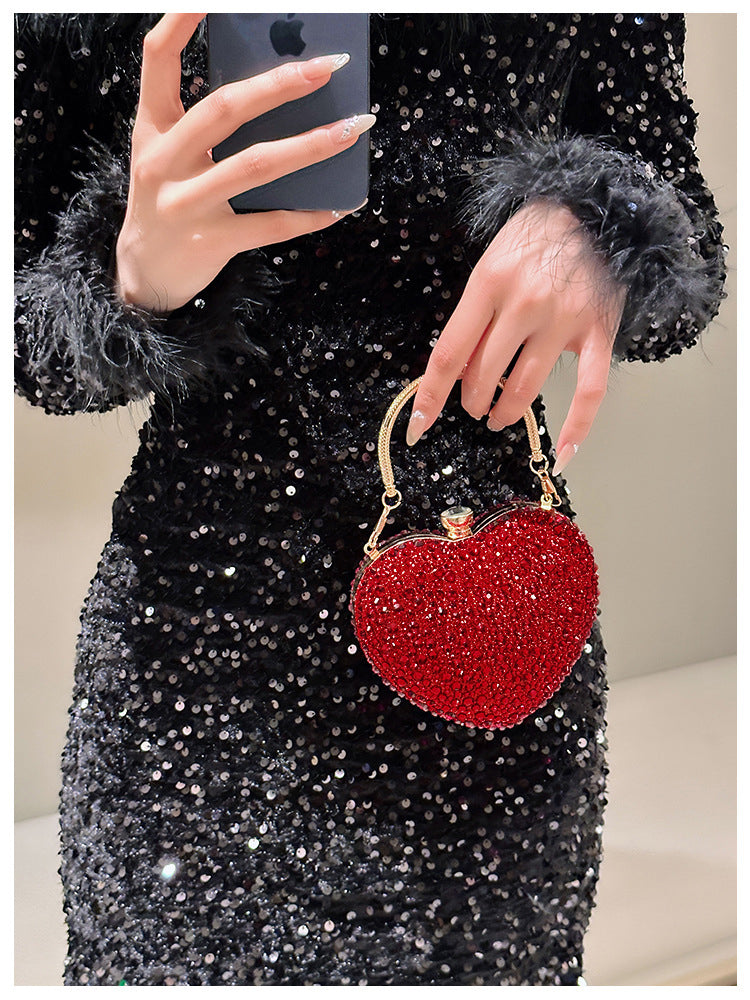 Women Heart Shaped Handbag Sparkly Clutch Mini Chain Purse Rhinestones Wedding Party Purse Handbag
