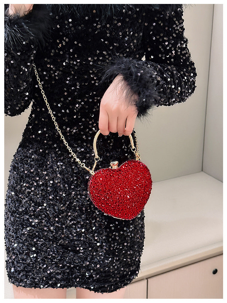 Women Heart Shaped Handbag Sparkly Clutch Mini Chain Purse Rhinestones Wedding Party Purse Handbag