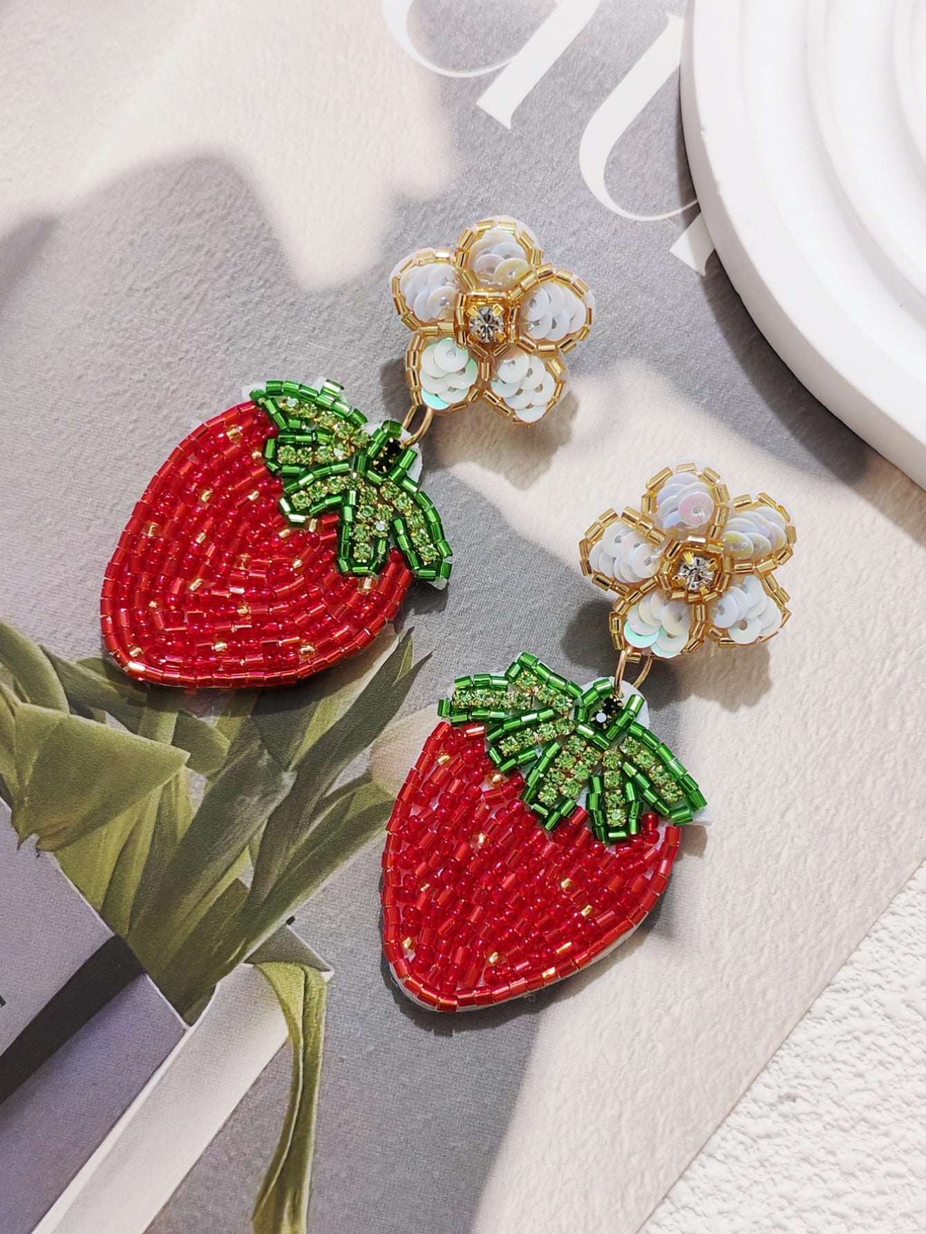 Green Leaf Ruby Red Crystal Cherry Earring for Women Personalized Creative Fruit Hoop Earring