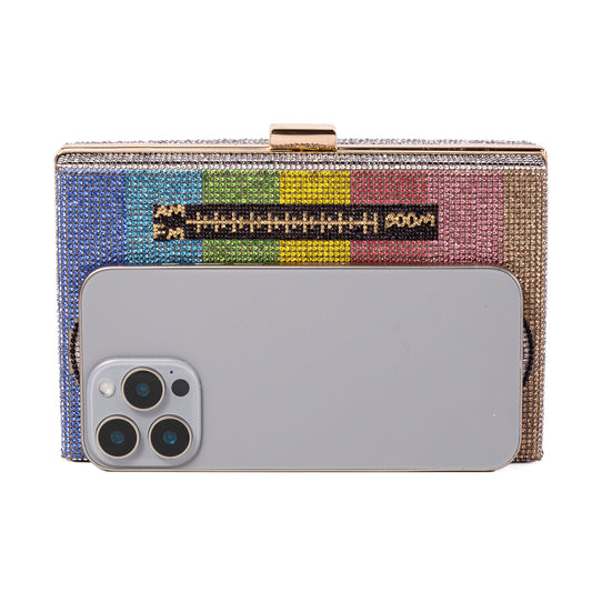 Women Retro Radio Shape Colorful BoomBox Crossbody Bag Rhinestone Metal Vintage Evening Clutch Purses
