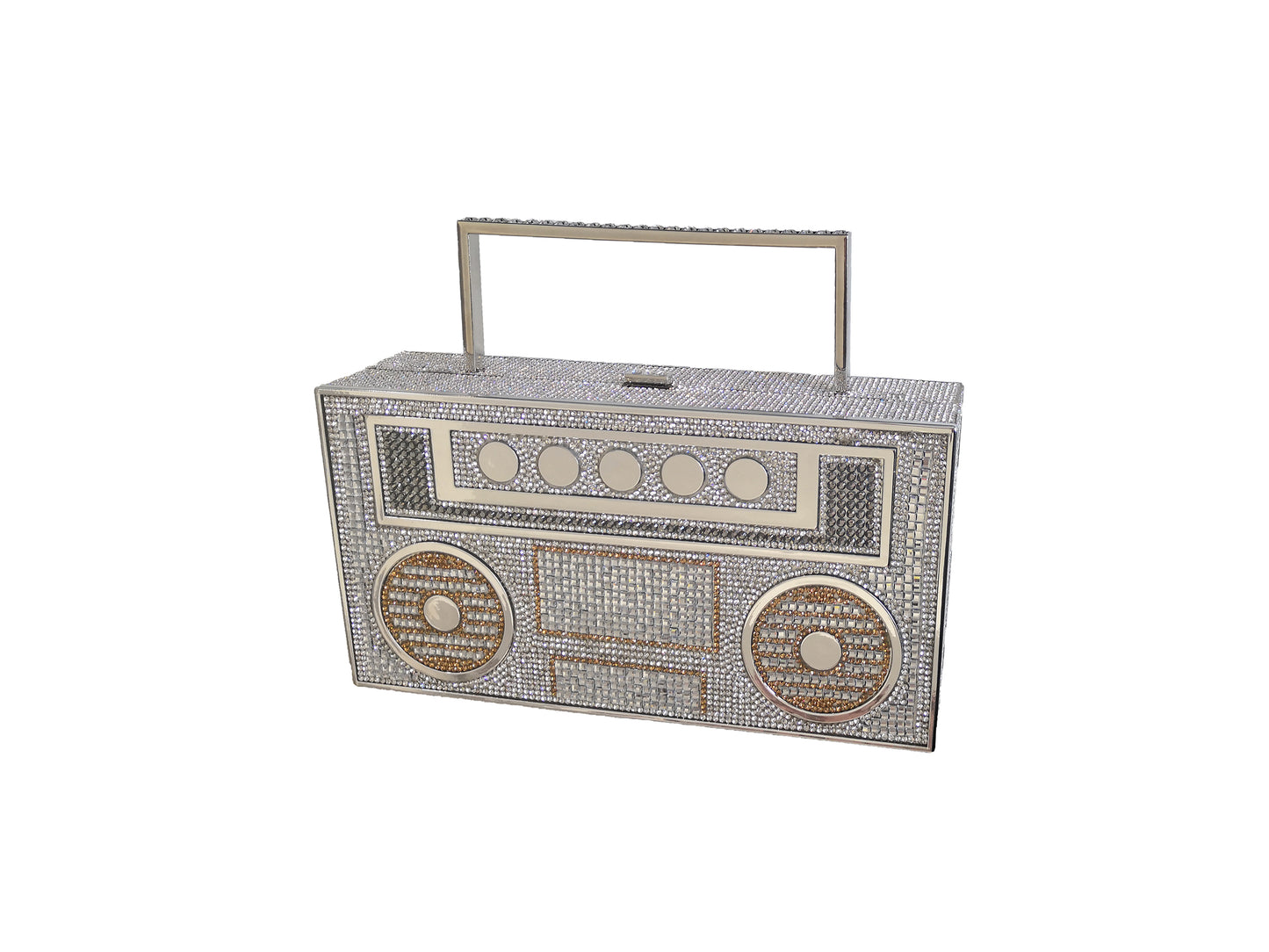 Women Retro Radio Shape BoomBox Crossbody Bag Rhinestone Metal Vintage Evening Clutch Purses