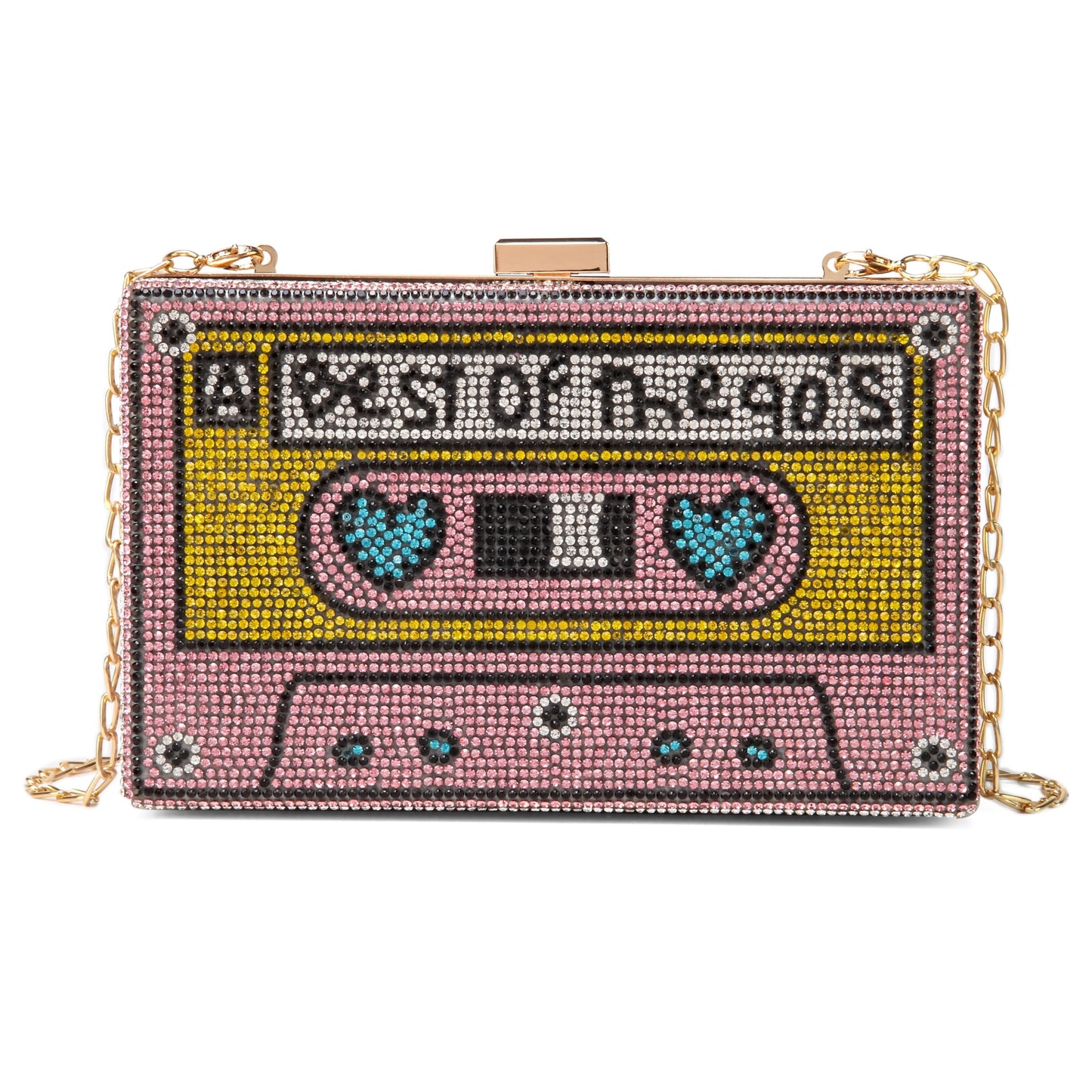 Women Retro Pink Cassette Tape Shape Crossbody Bag Rhinestone Metal Vintage Evening Clutch Purses