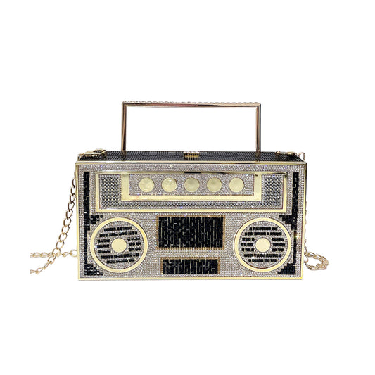 Women Retro Radio Shape BoomBox Crossbody Bag Rhinestone Metal Vintage Evening Clutch Purses