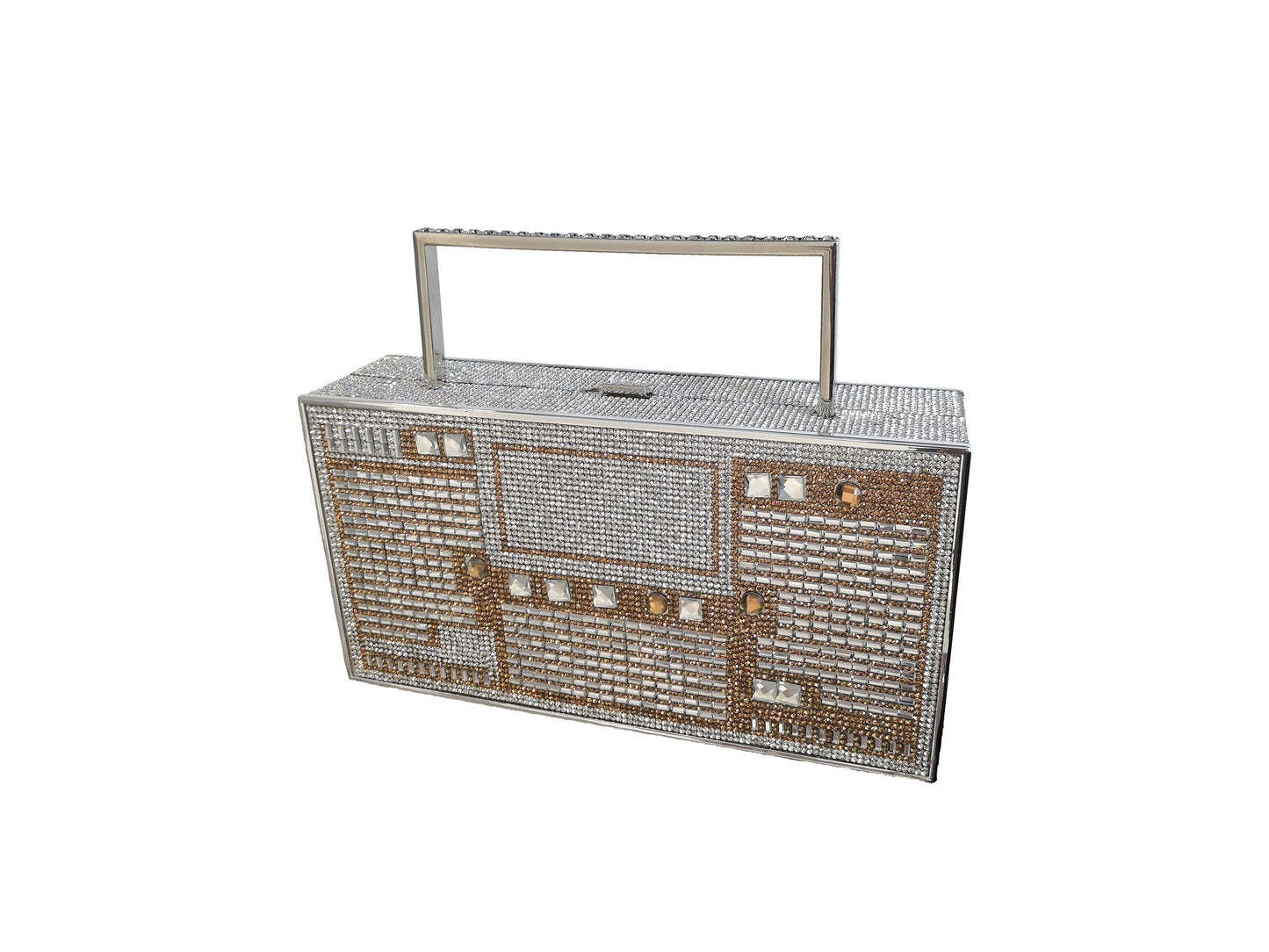 Women Retro Radio Shape BoomBox Crossbody Bag Rhinestone Metal Vintage Evening Clutch Purses