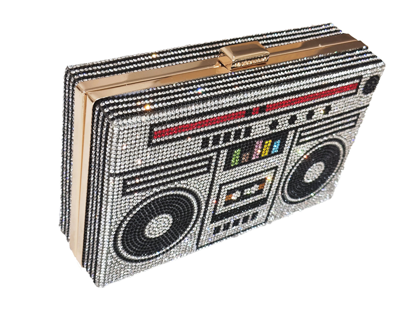 Women Retro Radio Shape BoomBox Crossbody Bag Rhinestone Metal Vintage Evening Clutch Purses