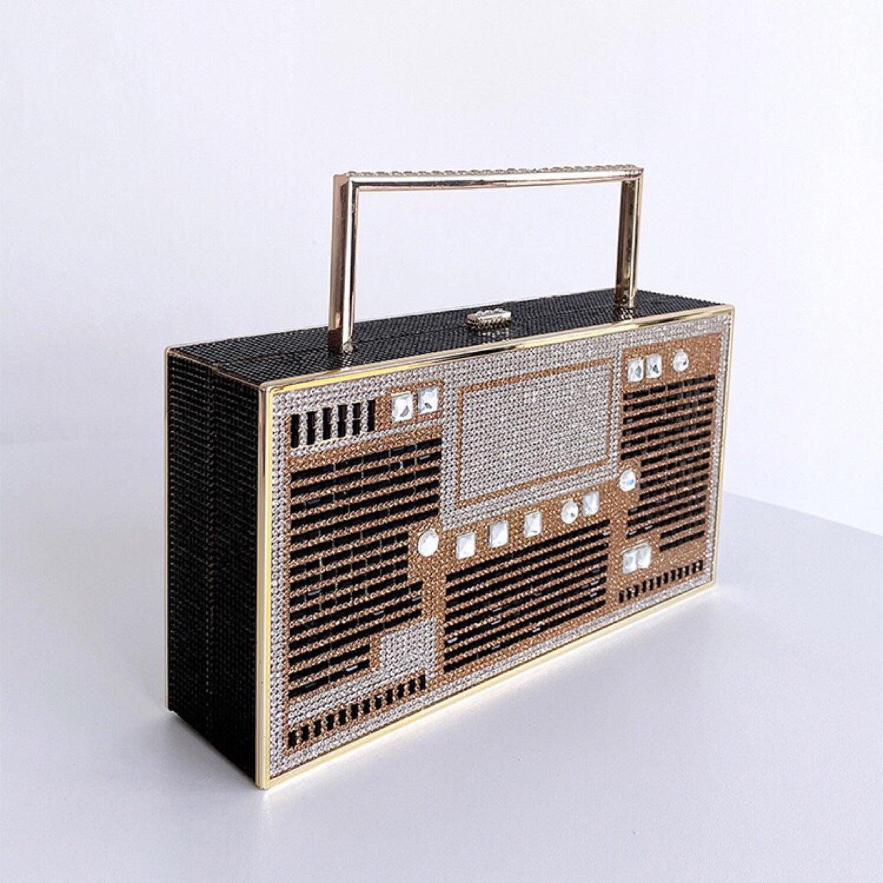 Women Retro Radio Shape BoomBox Crossbody Bag Rhinestone Metal Vintage Evening Clutch Purses