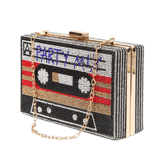 Women Cassette Tape Shape Party Mix Crossbody Bag Rhinestone Metal Vintage Evening Clutch Purses