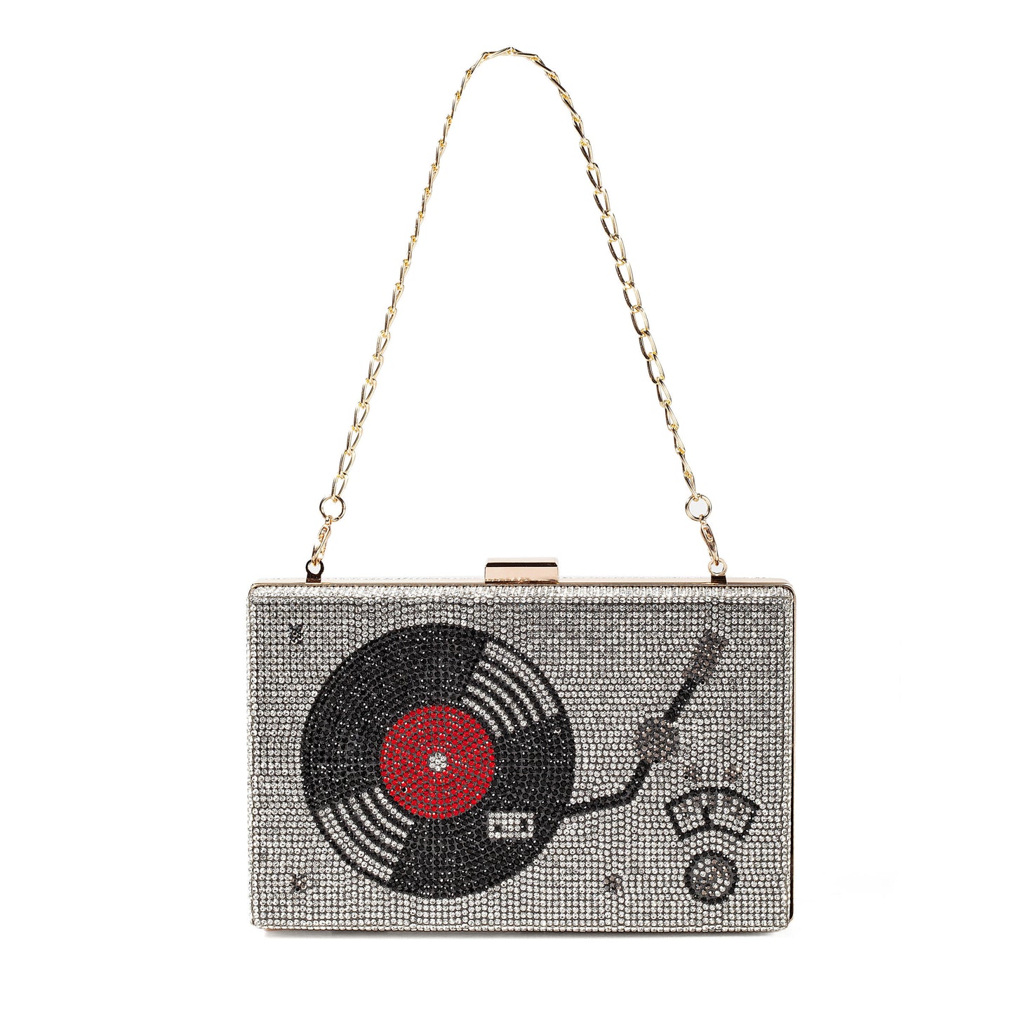 Women Retro Vinyl Record Player Shape Crossbody Bag Rhinestone Metal Vintage Evening Clutch Purses