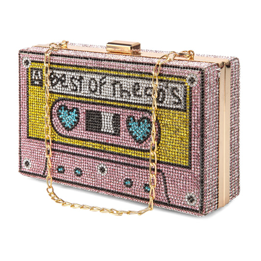 Women Retro Pink Cassette Tape Shape Crossbody Bag Rhinestone Metal Vintage Evening Clutch Purses