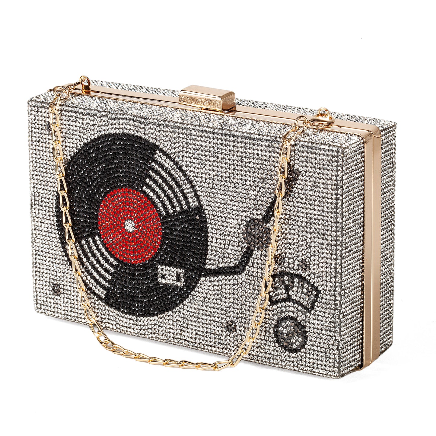 Women Retro Vinyl Record Player Shape Crossbody Bag Rhinestone Metal Vintage Evening Clutch Purses