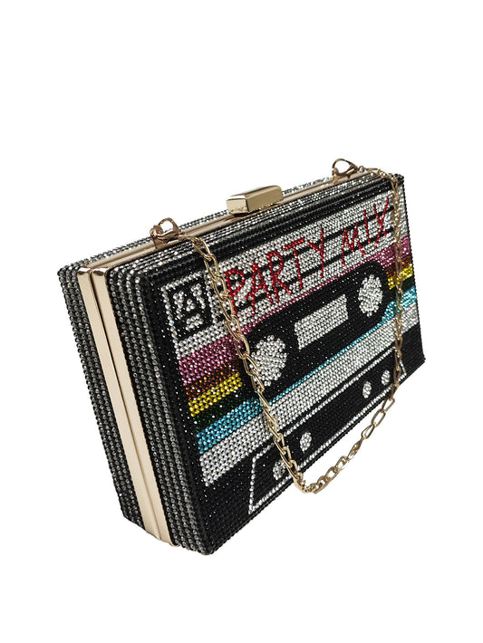Women Cassette Tape Shape Rainbow Party Crossbody Bag Rhinestone Metal Vintage Evening Clutch Purses