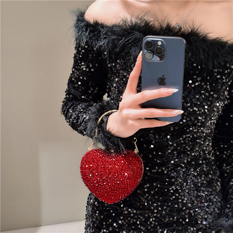 Women Heart Shaped Handbag Sparkly Clutch Mini Chain Purse Rhinestones Wedding Party Purse Handbag