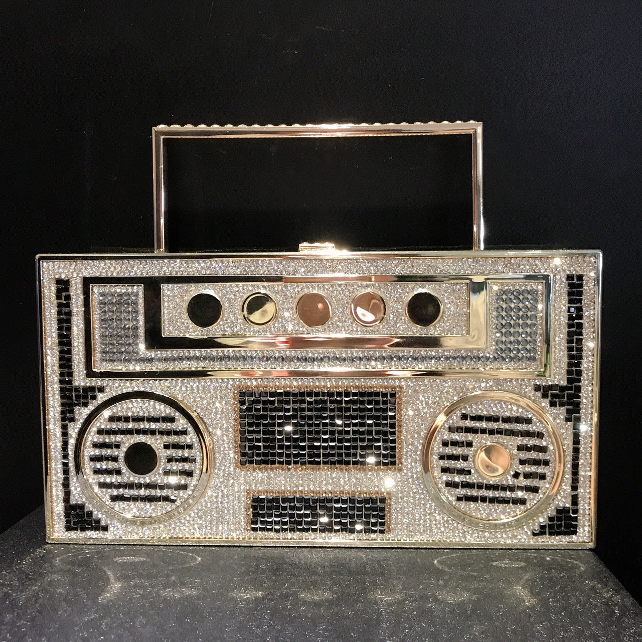 Women Retro Radio Shape BoomBox Crossbody Bag Rhinestone Metal Vintage Evening Clutch Purses