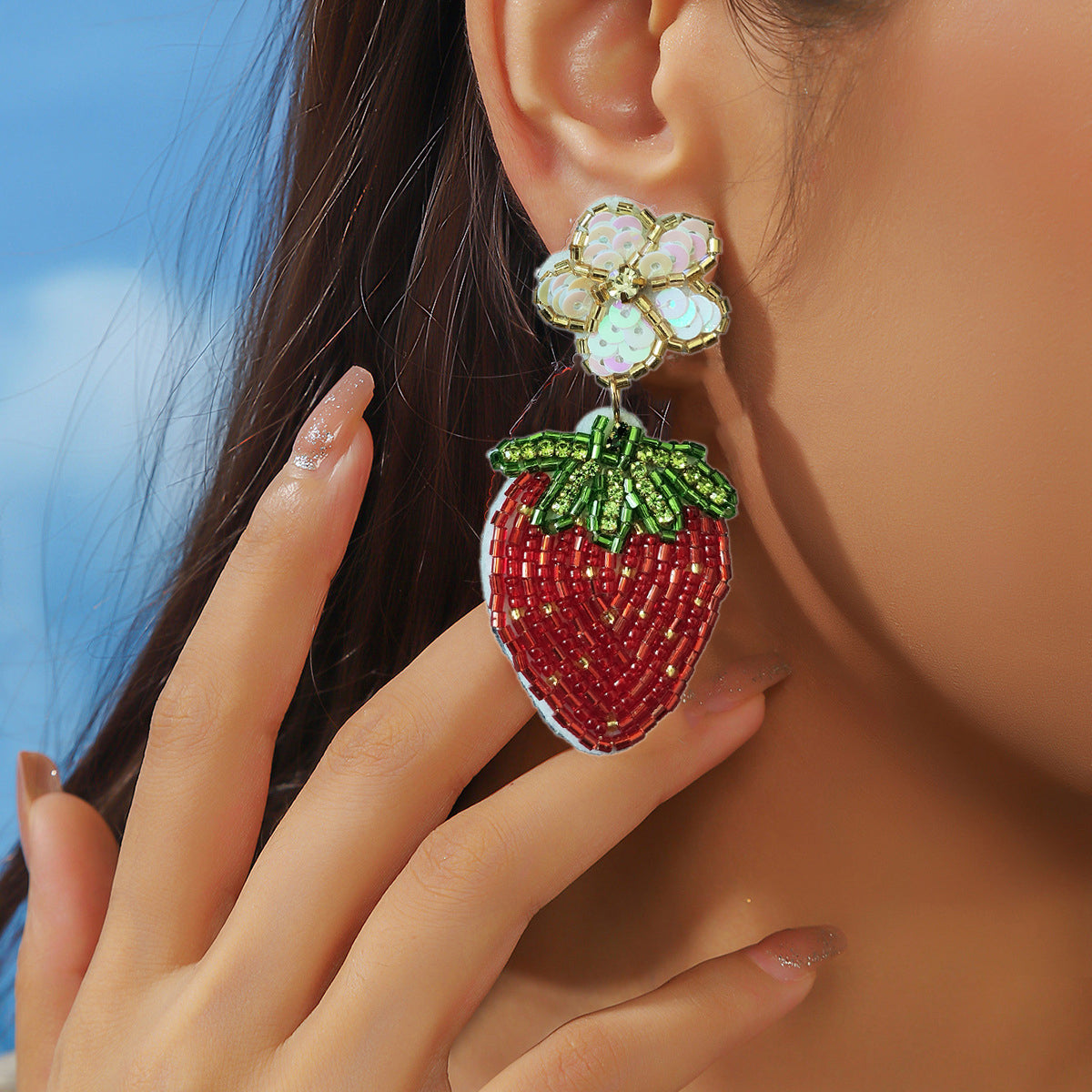 Green Leaf Ruby Red Crystal Cherry Earring for Women Personalized Creative Fruit Hoop Earring