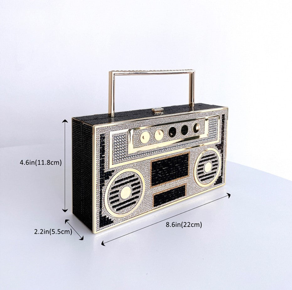 Women Retro Radio Shape BoomBox Crossbody Bag Rhinestone Metal Vintage Evening Clutch Purses