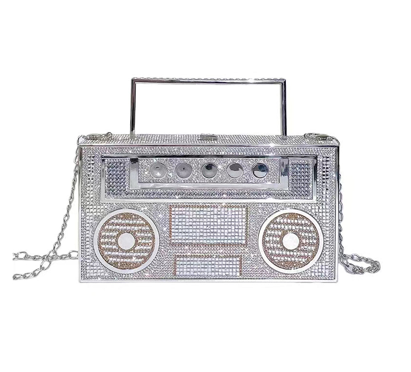 Women Retro Radio Shape BoomBox Crossbody Bag Rhinestone Metal Vintage Evening Clutch Purses