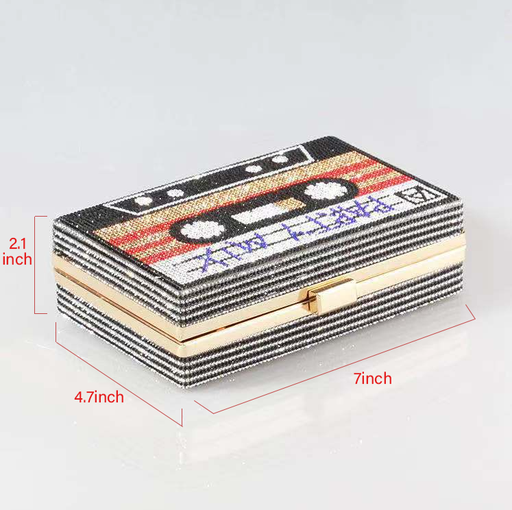 Women Cassette Tape Shape Party Mix Crossbody Bag Rhinestone Metal Vintage Evening Clutch Purses