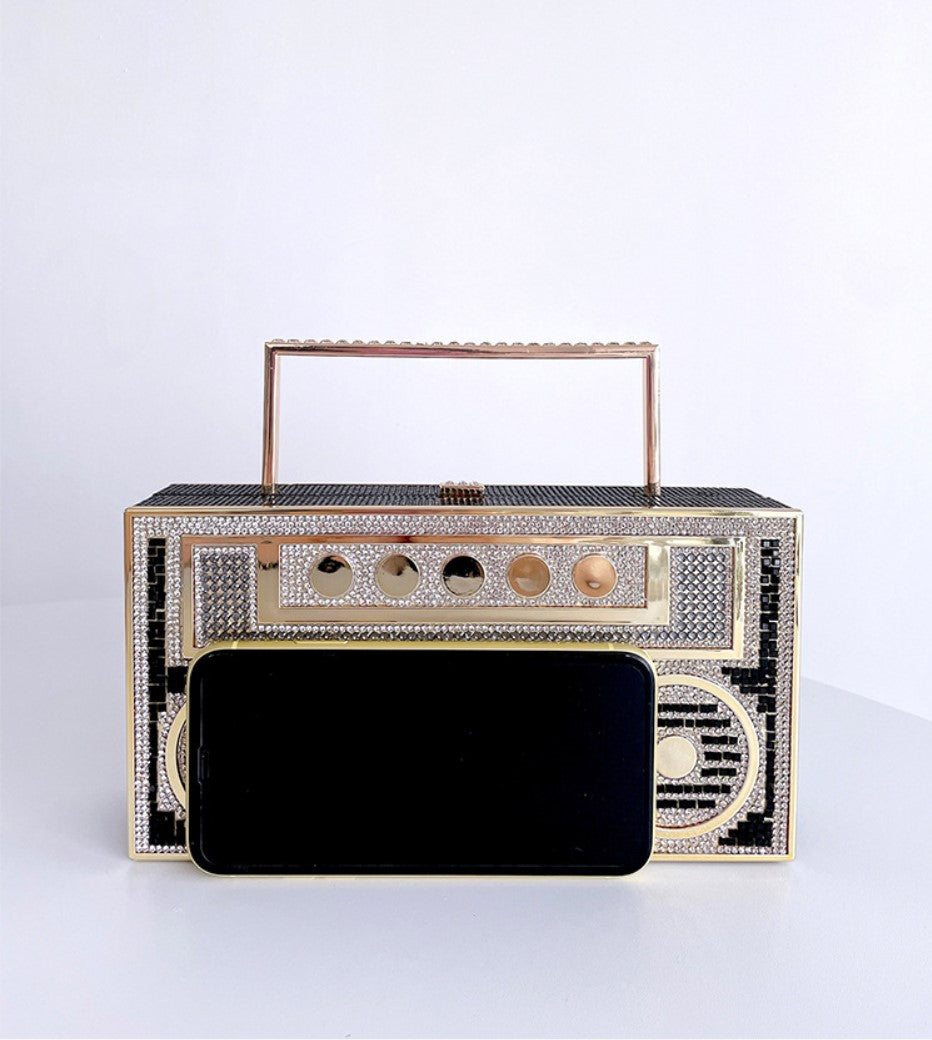 Women Retro Radio Shape BoomBox Crossbody Bag Rhinestone Metal Vintage Evening Clutch Purses