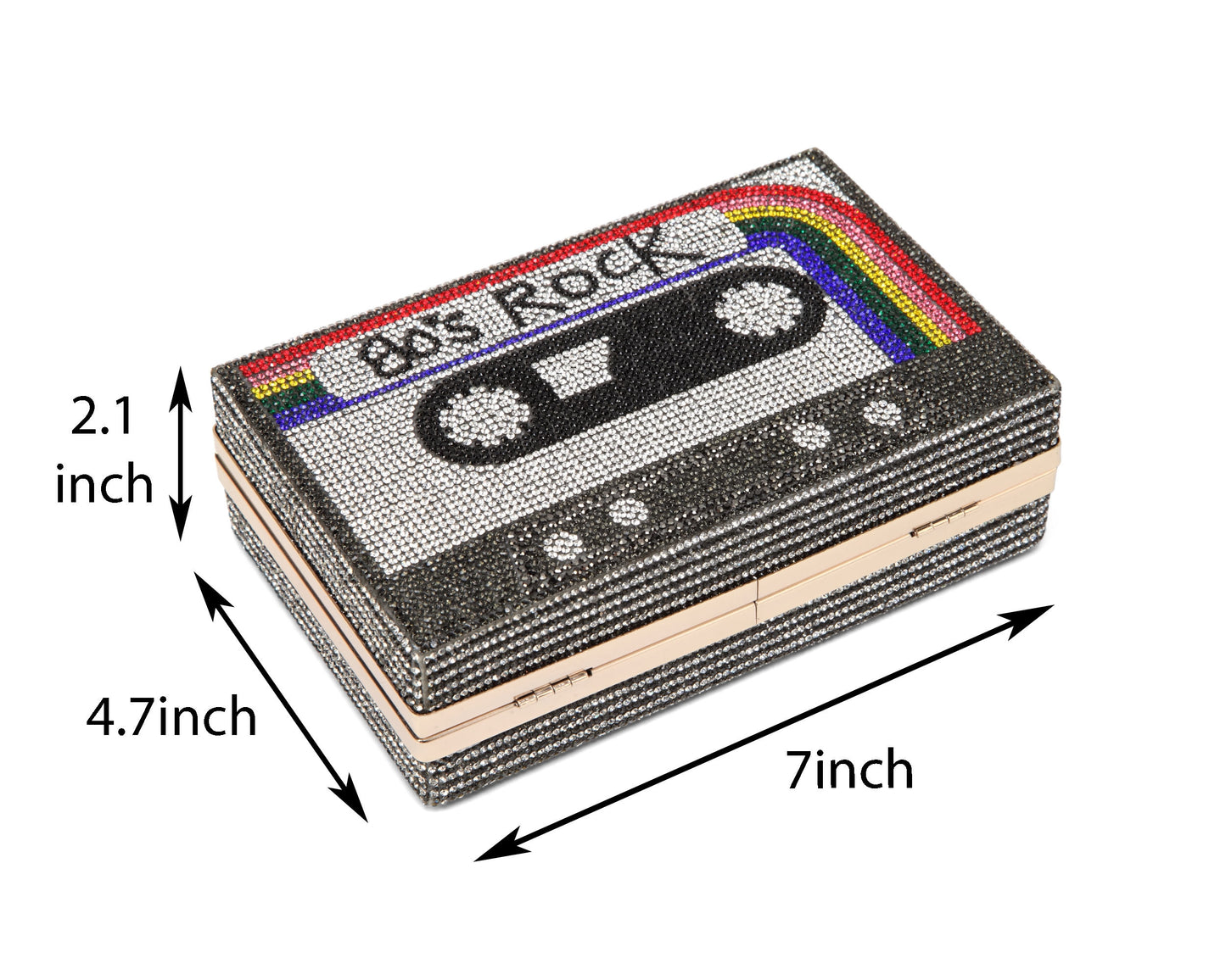 Women Cassette Tape Shape 80s Rainbow Crossbody Bag Rhinestone Metal Vintage Evening Clutch Purses