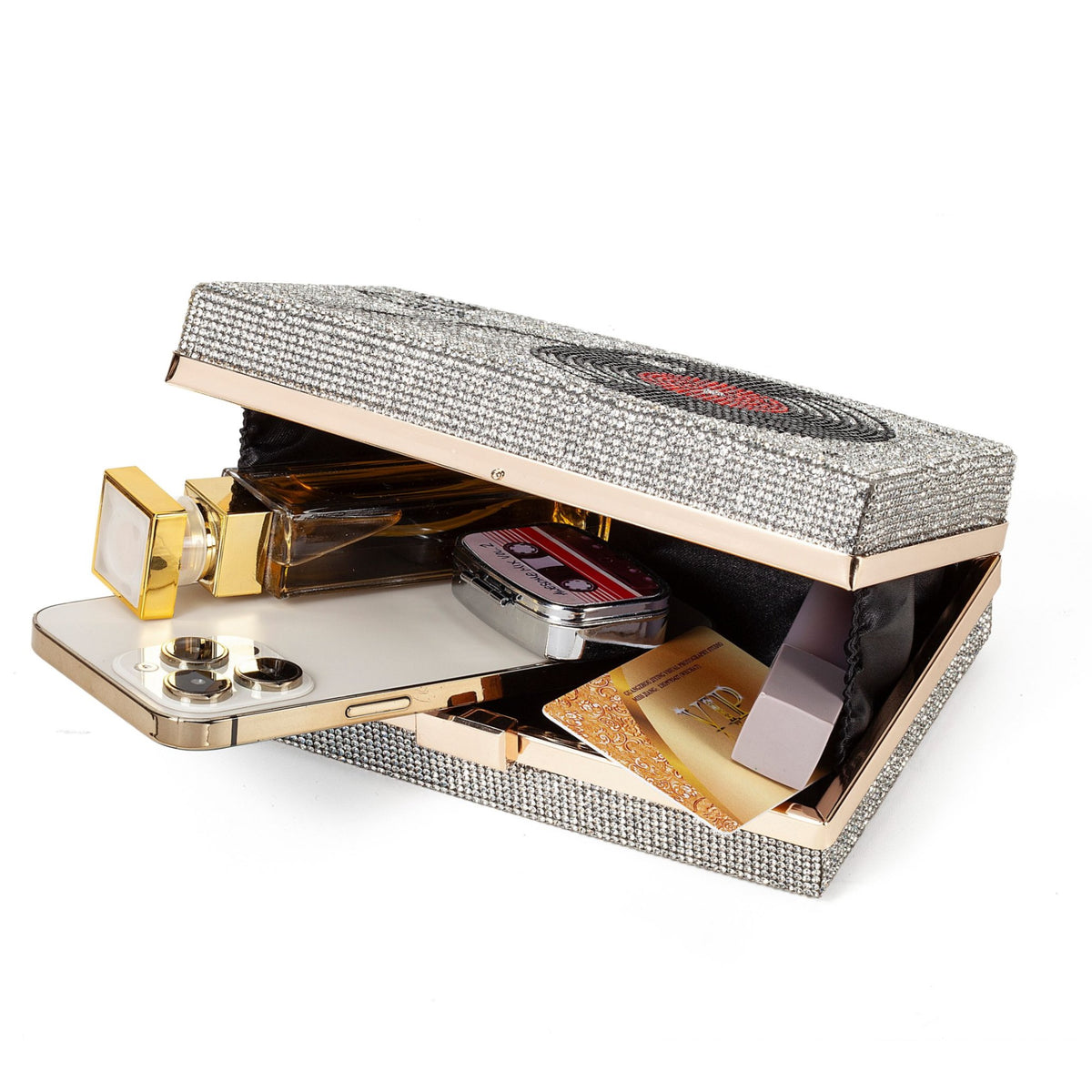 Women Retro Vinyl Record Player Shape Crossbody Bag Rhinestone Metal Vintage Evening Clutch Purses