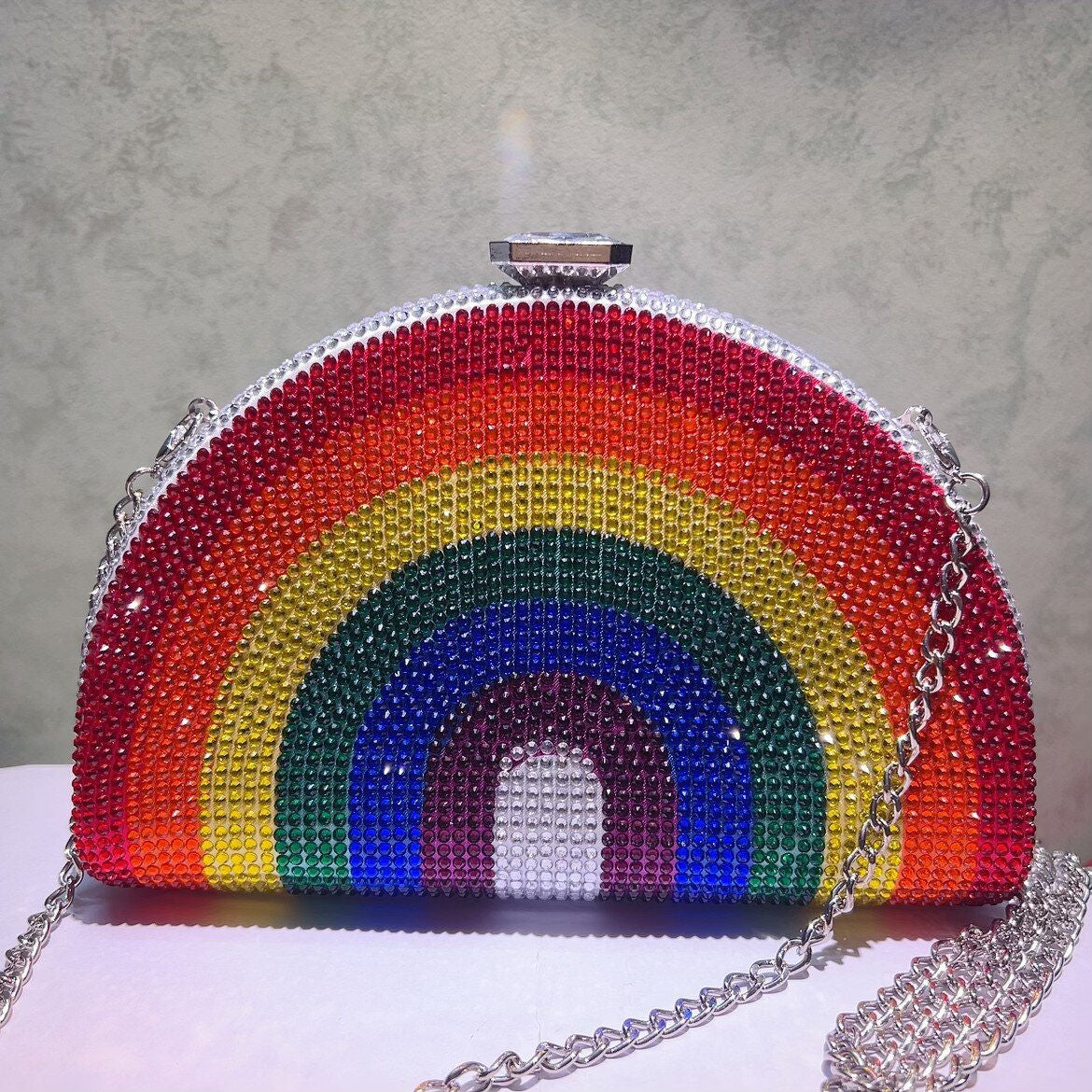 Bling Rhinestone Purse Bags Colorful Rainbow Dumpling Clutch Semicircle Acrylic Evening Bag for Women