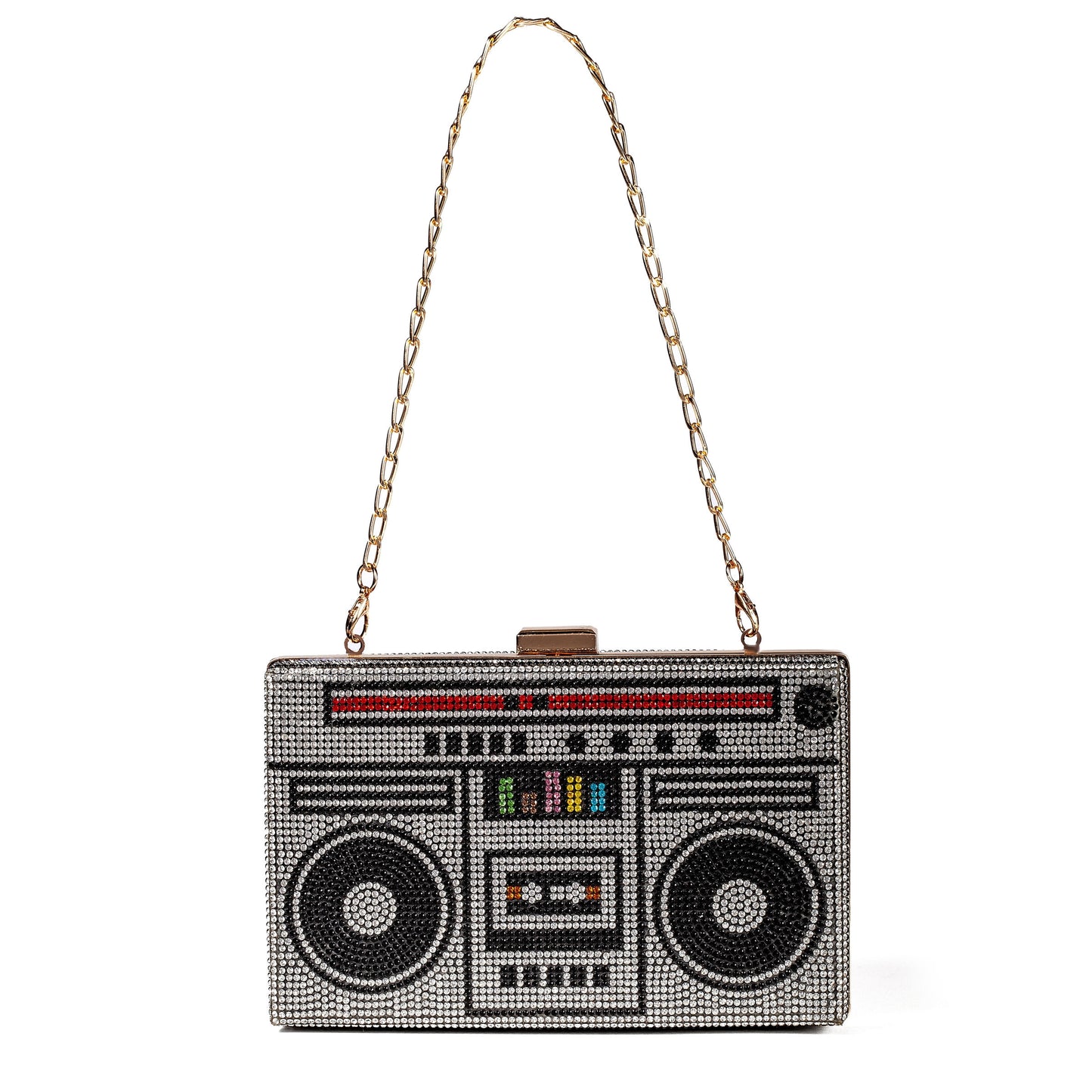 Women Retro Radio Shape BoomBox Crossbody Bag Rhinestone Metal Vintage Evening Clutch Purses