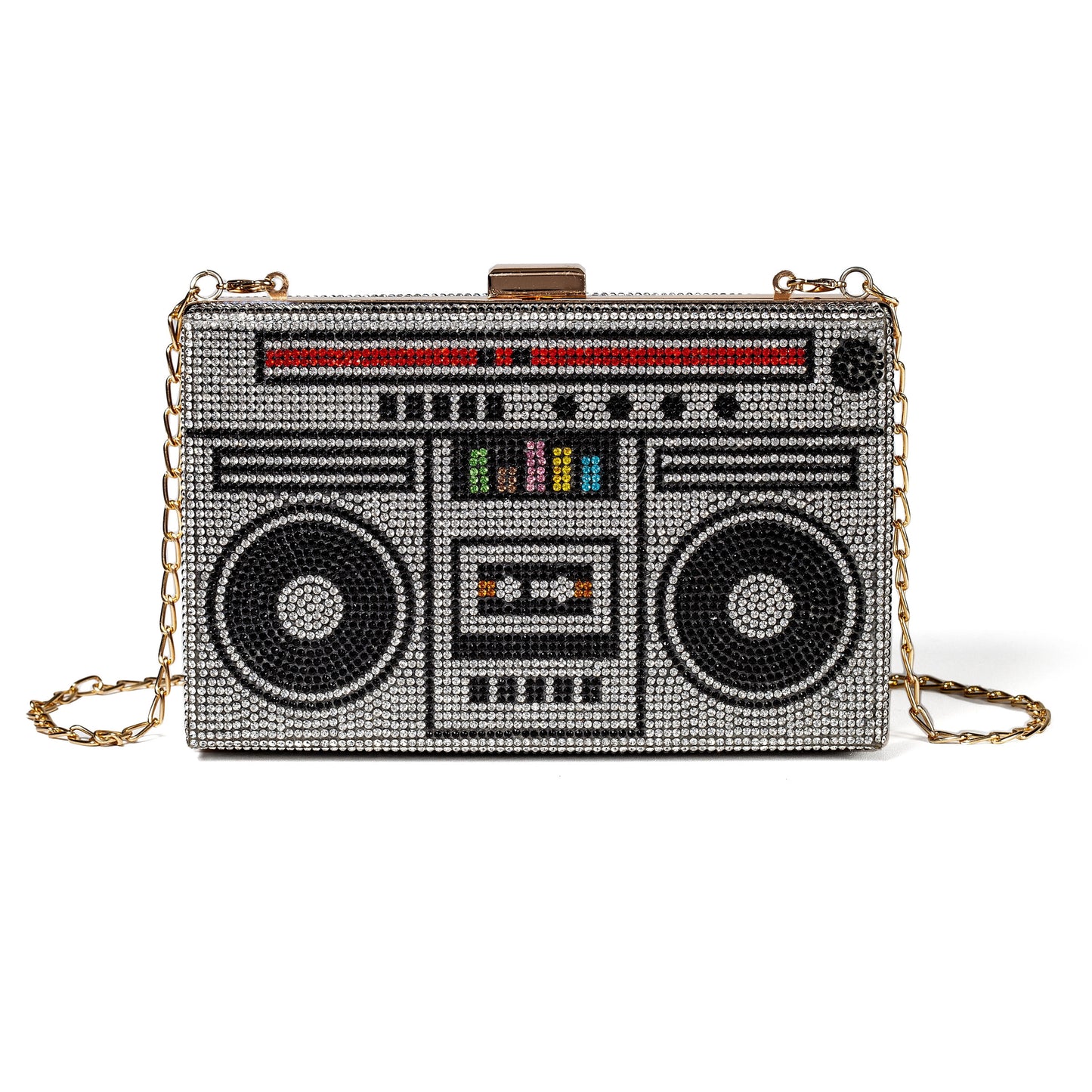 Women Retro Radio Shape BoomBox Crossbody Bag Rhinestone Metal Vintage Evening Clutch Purses