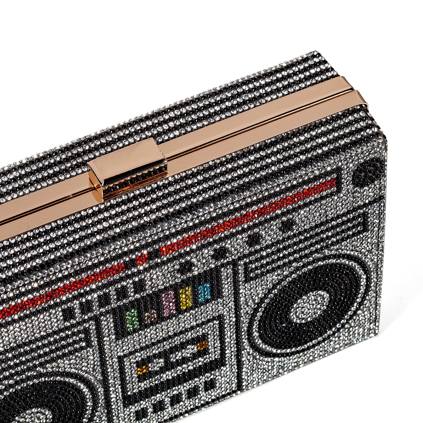Women Retro Radio Shape BoomBox Crossbody Bag Rhinestone Metal Vintage Evening Clutch Purses