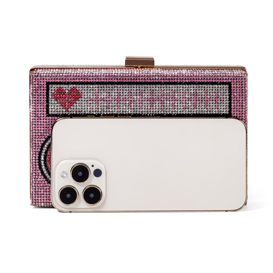 Women Retro Pink Radio Shape Crossbody Bag Rhinestone Metal Vintage Evening Clutch Purses