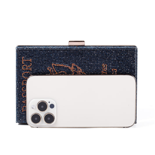 Women Passport Shape Navy Crossbody Bag Rhinestone Metal Vintage Evening Clutch Purses