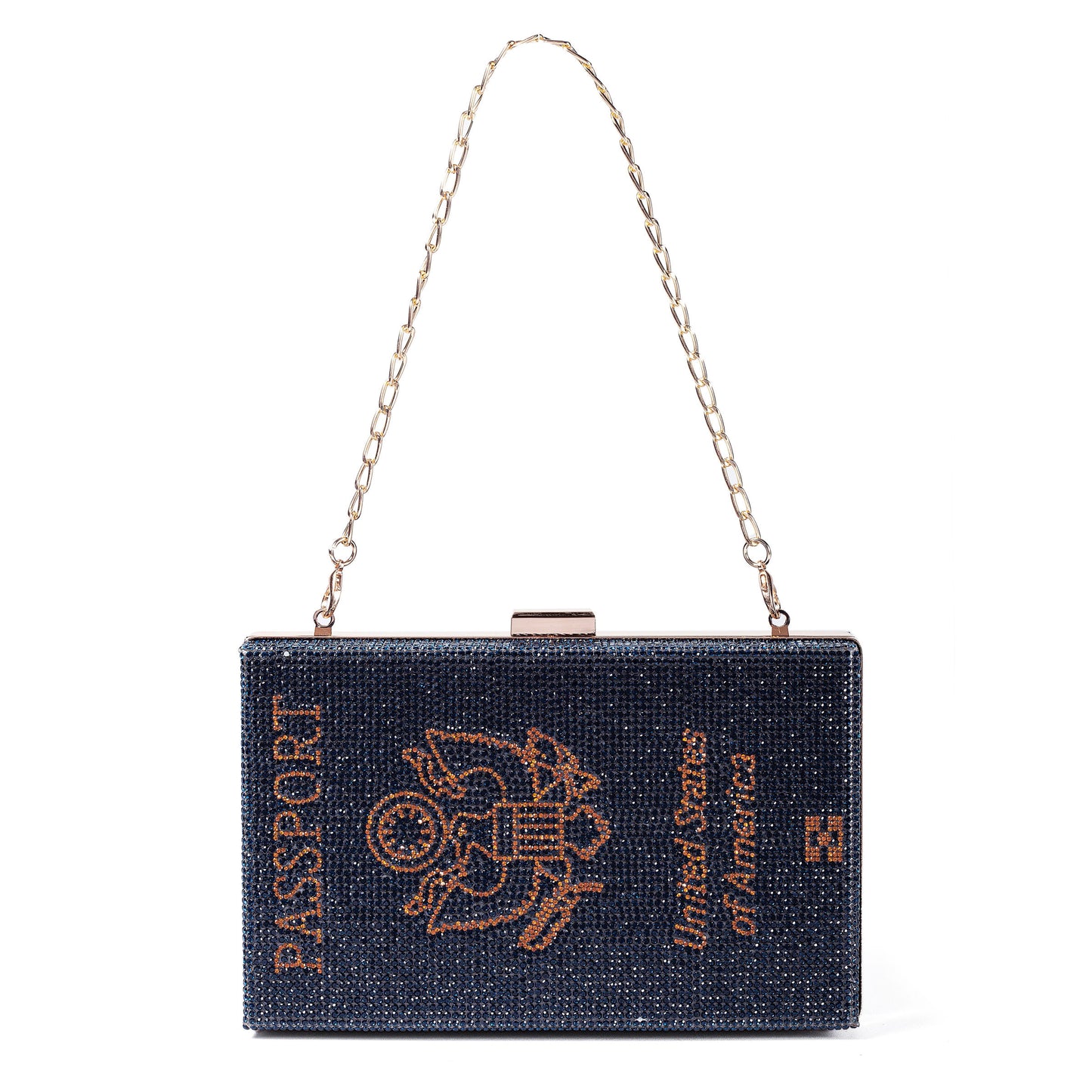 Women Passport Shape Navy Crossbody Bag Rhinestone Metal Vintage Evening Clutch Purses