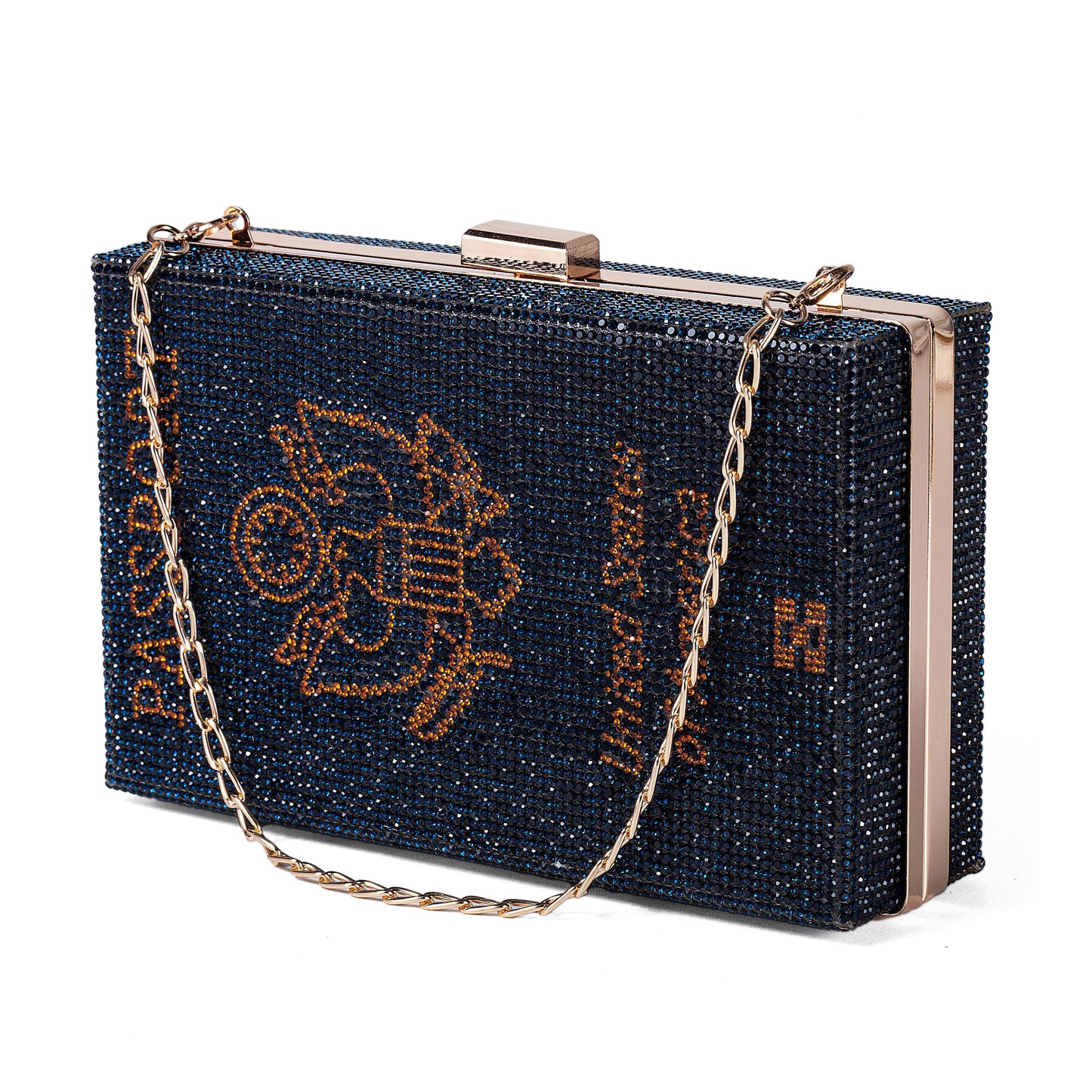 Women Passport Shape Navy Crossbody Bag Rhinestone Metal Vintage Evening Clutch Purses