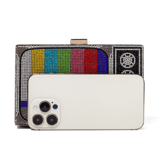 Women Retro TV Shape Crossbody Bag Rhinestone Metal Vintage Evening Clutch Purses