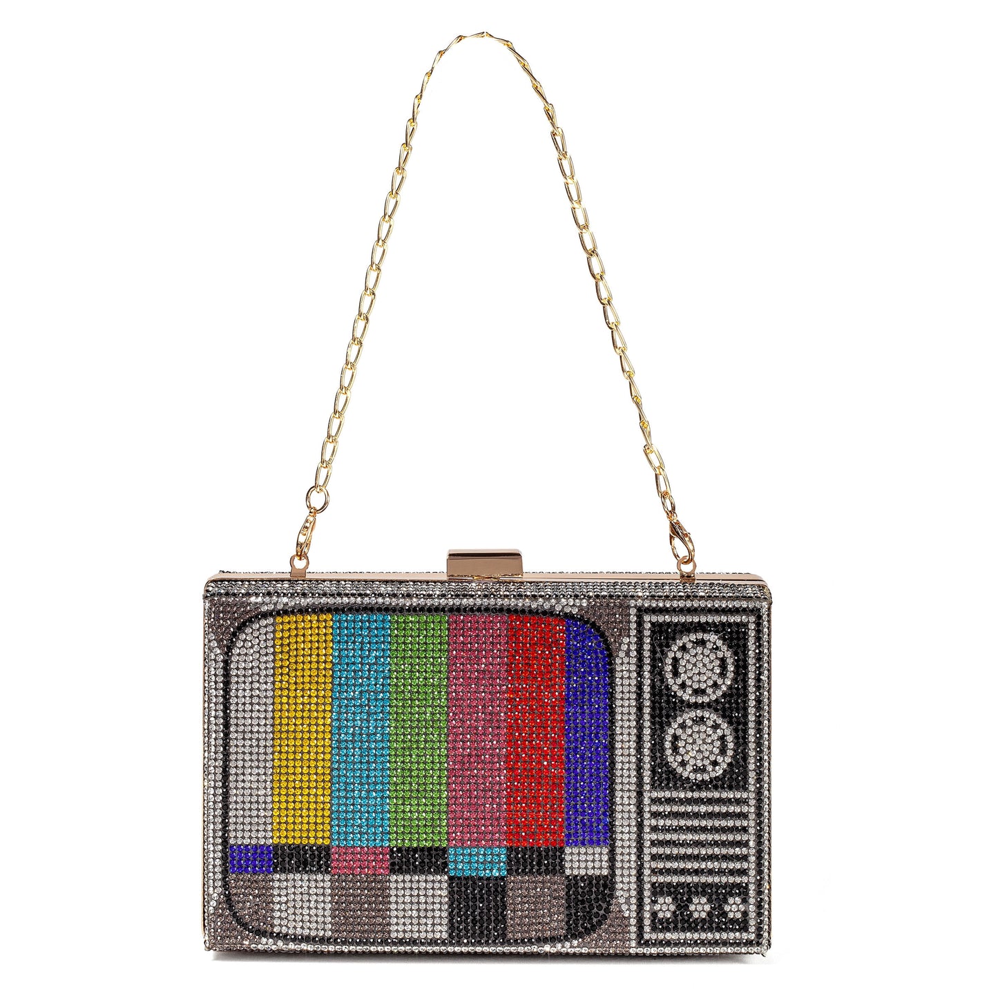 Women Retro TV Shape Crossbody Bag Rhinestone Metal Vintage Evening Clutch Purses