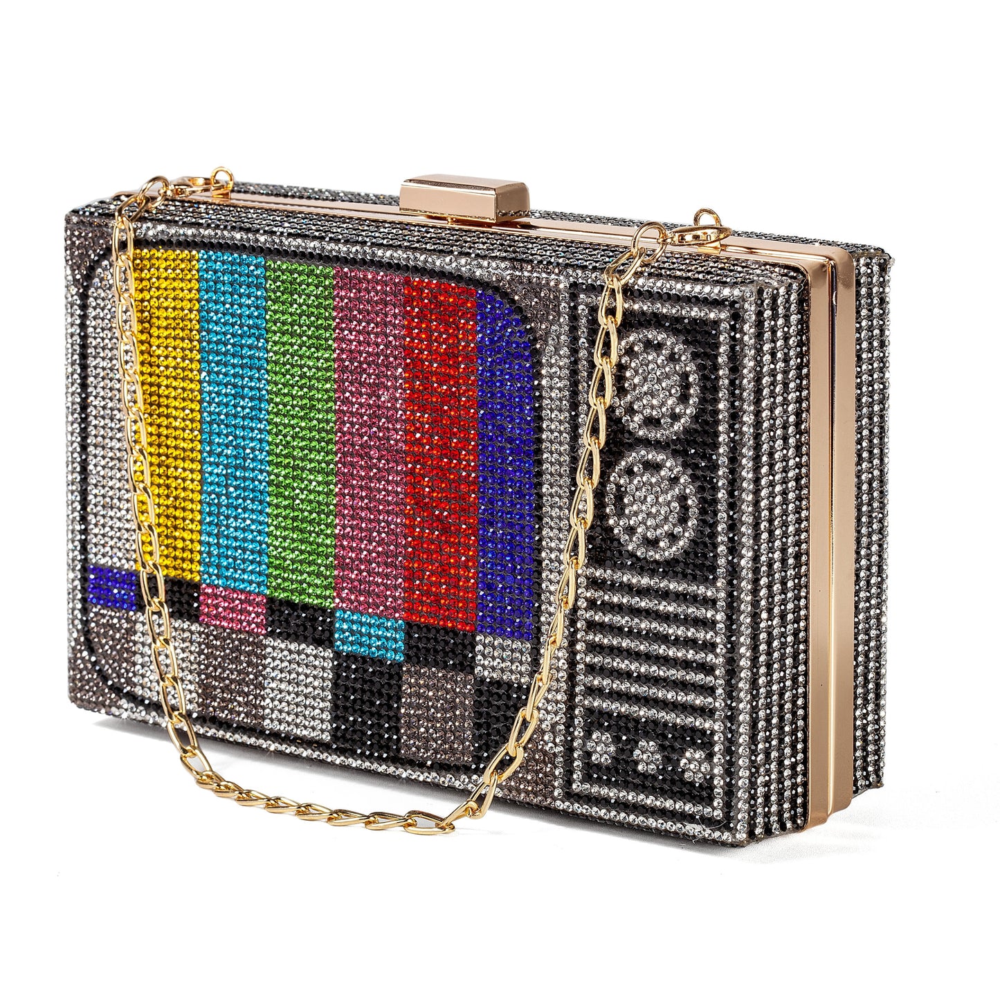 Women Retro TV Shape Crossbody Bag Rhinestone Metal Vintage Evening Clutch Purses