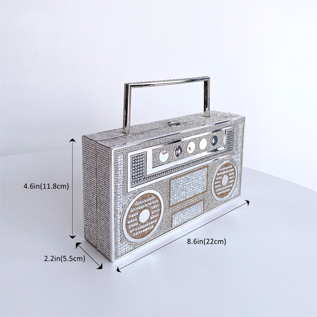 Women Retro Radio Shape BoomBox Crossbody Bag Rhinestone Metal Vintage Evening Clutch Purses