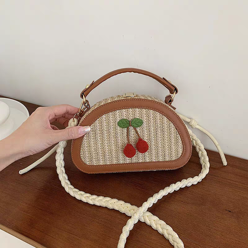 Straw Beach Bags For Women Bohemia Cherry Crossbody Purse Summer Vacation Bag Adjustable Shoulder Strap
