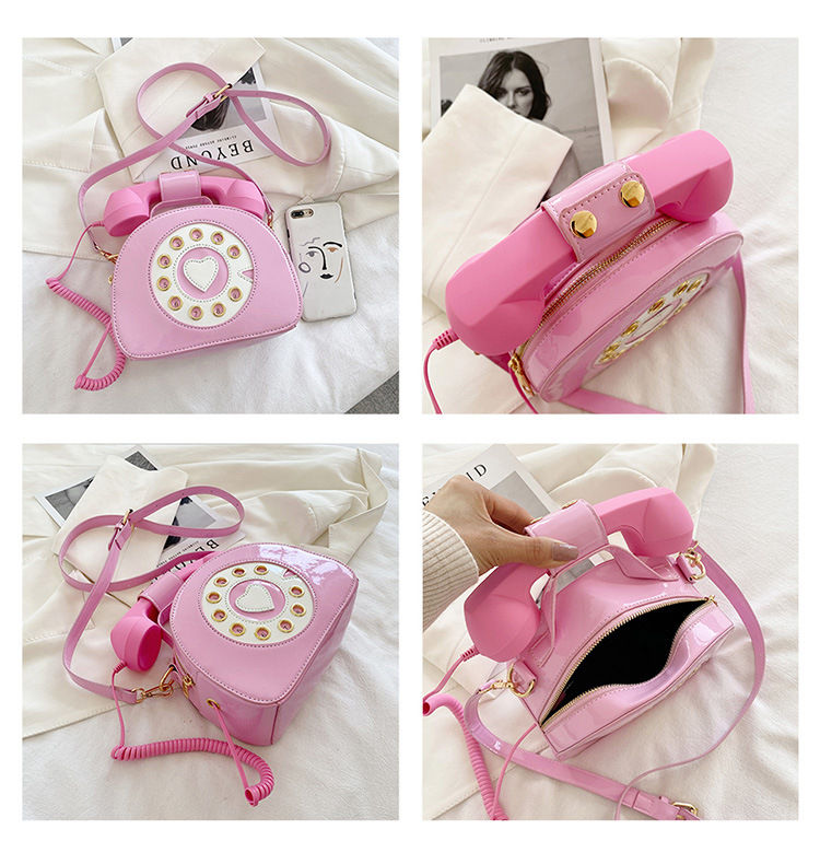 Novelty Pink Phone Tote Handbags Retro Dial Telephone Crossbody Shoulder Bag Pu Purse for Women