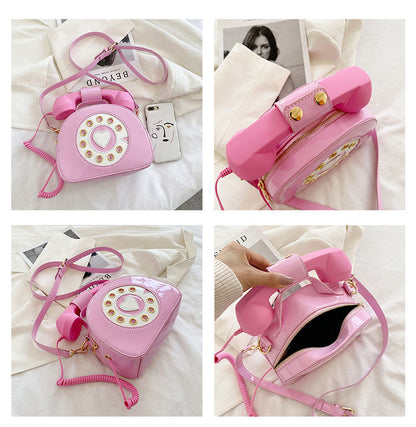 Novelty Pink Phone Tote Handbags Retro Dial Telephone Crossbody Shoulder Bag Pu Purse for Women