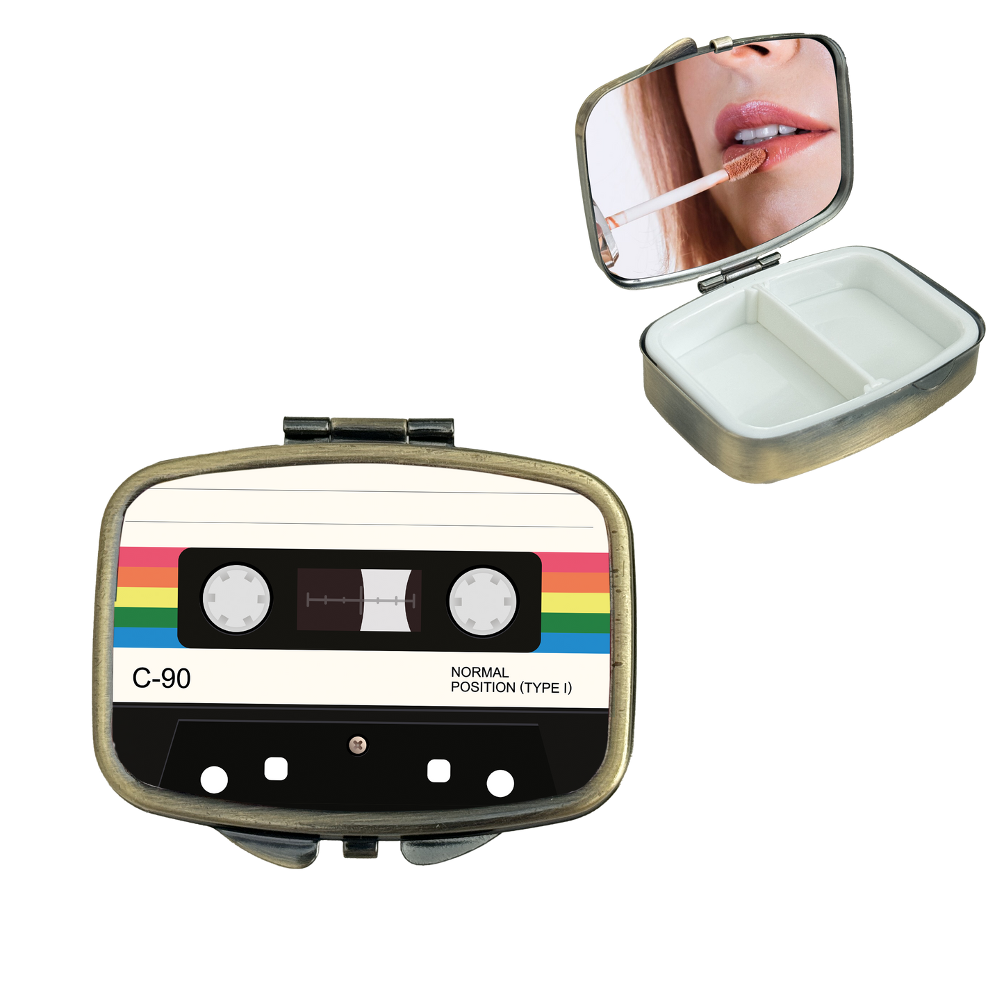 2 Compartment Pill Organizer Metal Portable Pill Box 2 Times a Day for Vitamin,Supplements Cassette Tape
