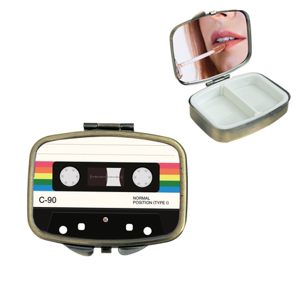 2 Compartment Pill Organizer Metal Portable Pill Box 2 Times a Day for Vitamin,Supplements Cassette Tape