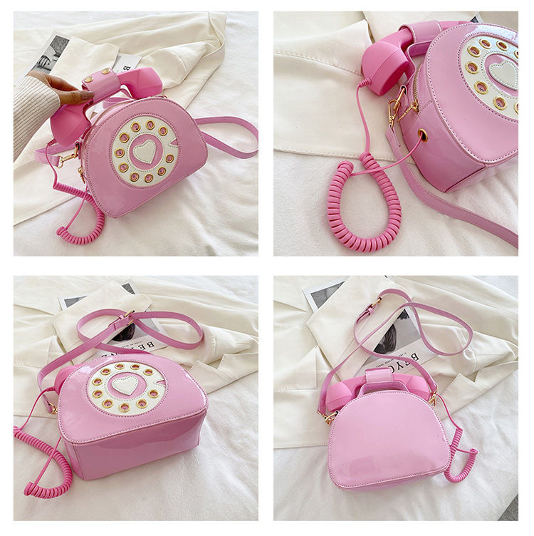 Novelty Pink Phone Tote Handbags Retro Dial Telephone Crossbody Shoulder Bag Pu Purse for Women