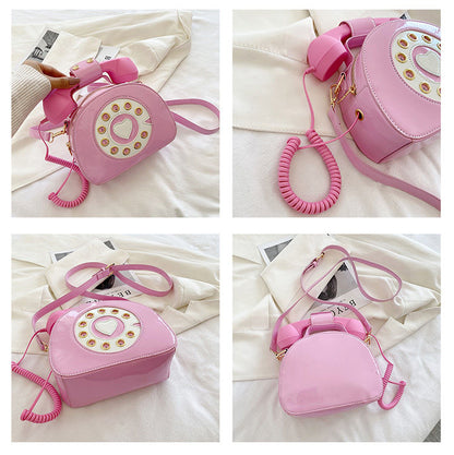 Novelty Pink Phone Tote Handbags Retro Dial Telephone Crossbody Shoulder Bag Pu Purse for Women