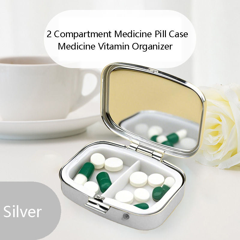 2 Compartment Pill Organizer Metal Portable Pill Box 2 Times a Day for Vitamin,Supplements Cassette Tape
