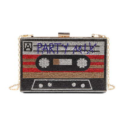 Women Cassette Tape Shape Party Mix Crossbody Bag Rhinestone Metal Vintage Evening Clutch Purses