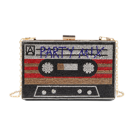 Women Cassette Tape Shape Party Mix Crossbody Bag Rhinestone Metal Vintage Evening Clutch Purses