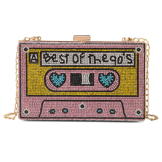 Women Retro Pink Cassette Tape Shape Crossbody Bag Rhinestone Metal Vintage Evening Clutch Purses